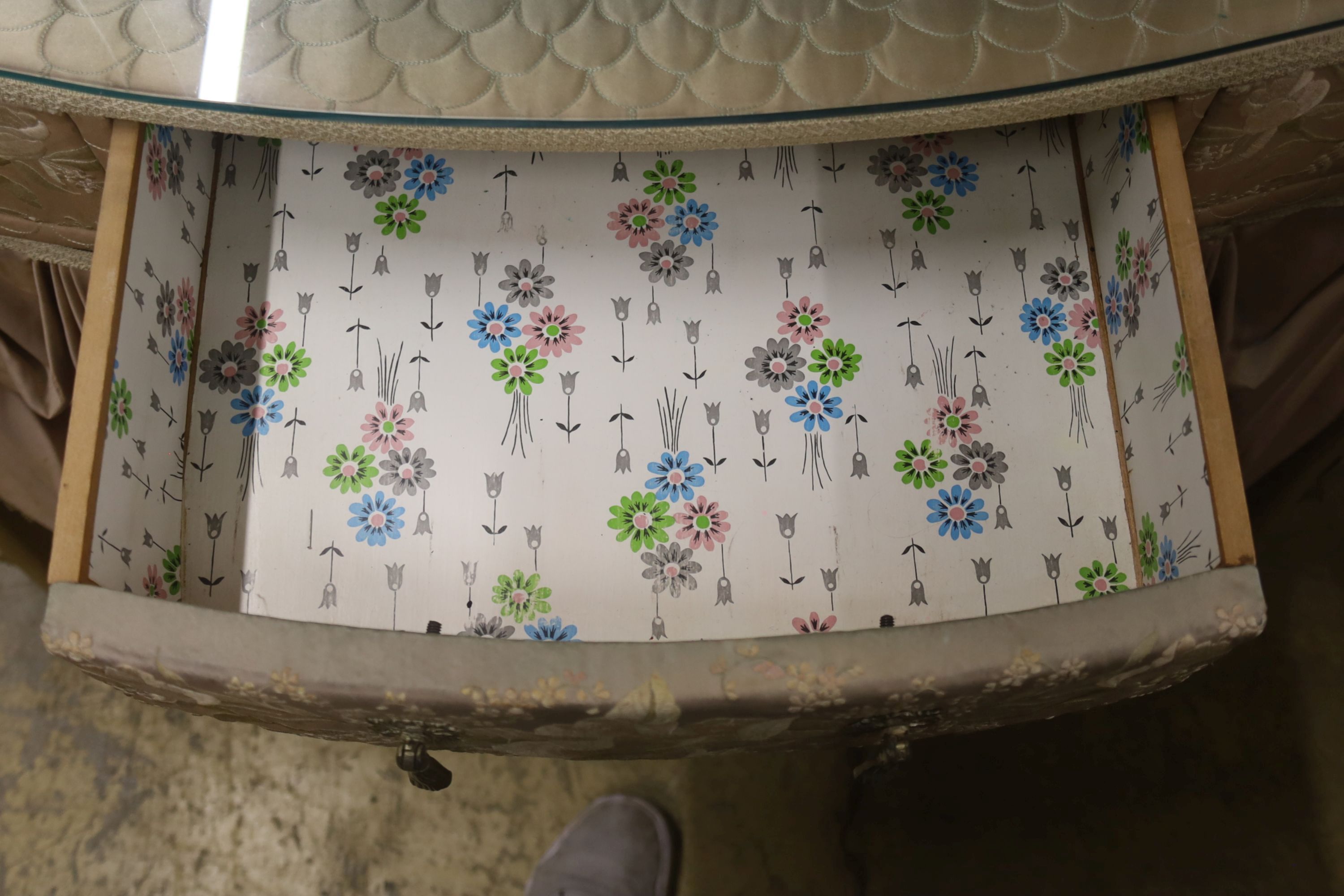 An embroidered silk mounted dressing table, width 110cm, depth 54cm, height 77cm, together with a stool